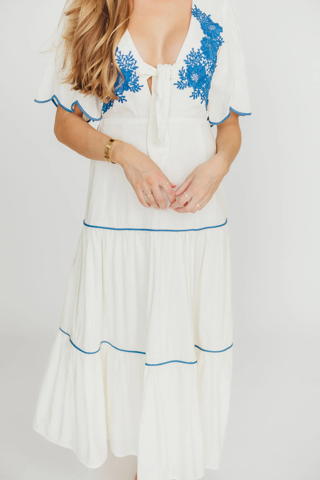 Lena Embroidered Tiered Midi Dress in Off-White/Blue - Fashionser