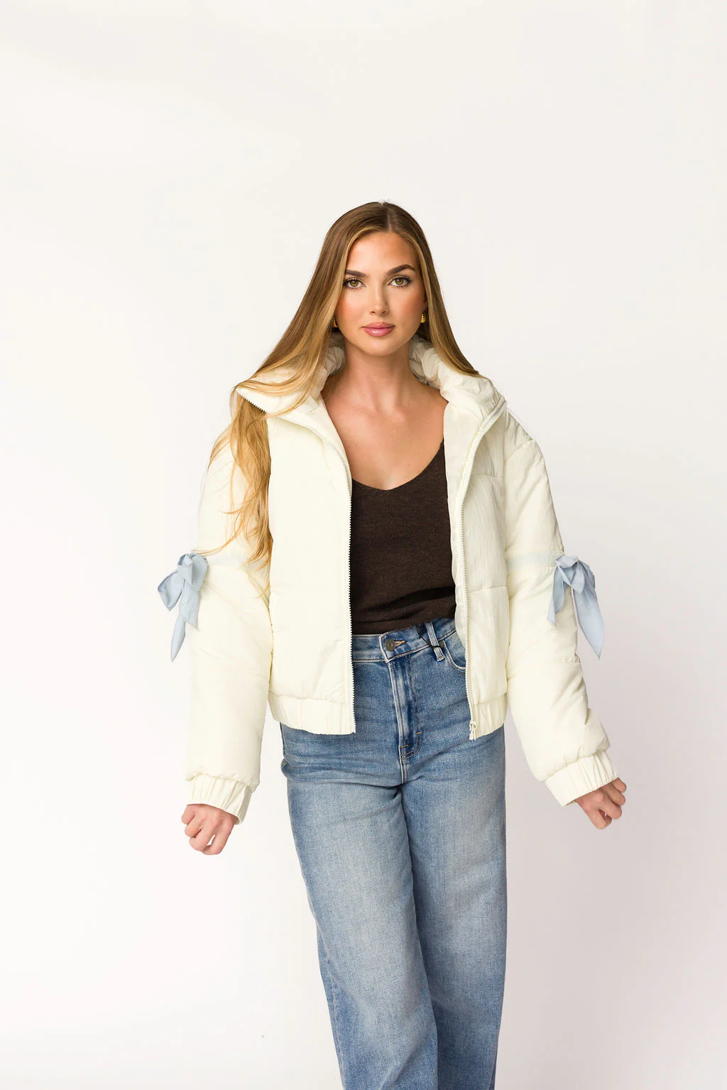 Andy Bow Cropped Puffer Jacket in Bone - Fashionser