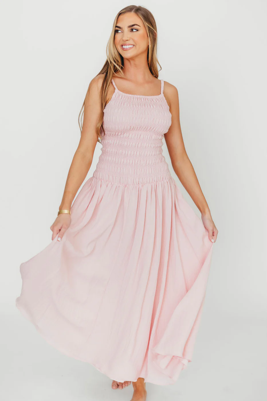 Kira Smocked Maxi Dress in Pink - Fashionser