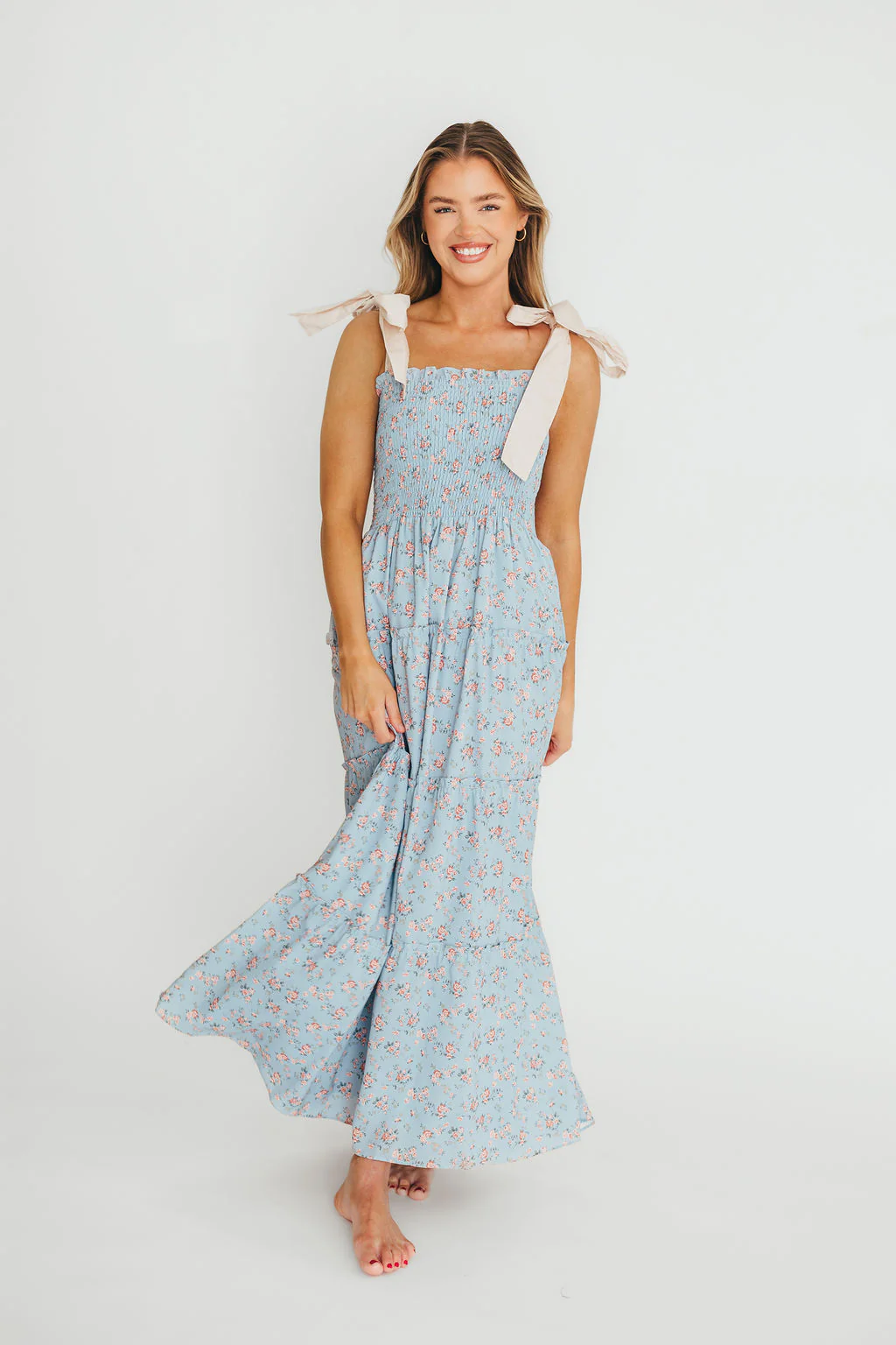 Cora Smocked Bow Tie Strap Maxi Dress in Blue - Fashionser