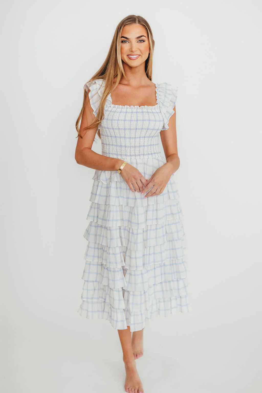 Adelynn Ruffle Midi Dress in White/Blue - Fashionser