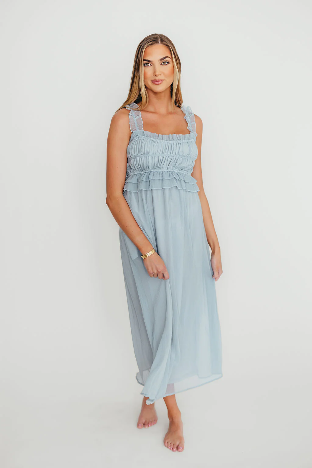 Demi Ruffle Midi Dress in Blue - Fashionser