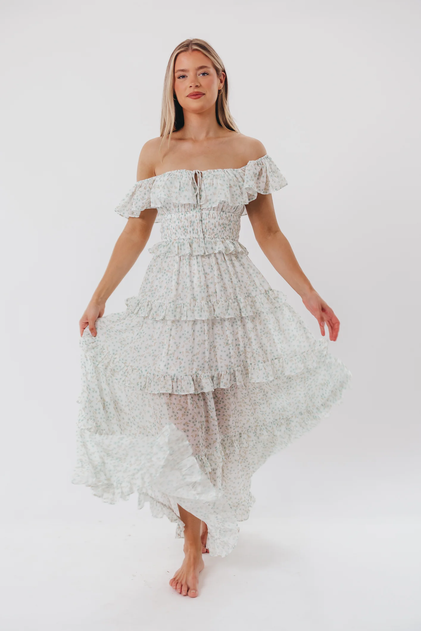 Astrid Ruffle Detail Maxi Dress in Sage Floral - Bump Friendly - Restocking End of April - Fashionser