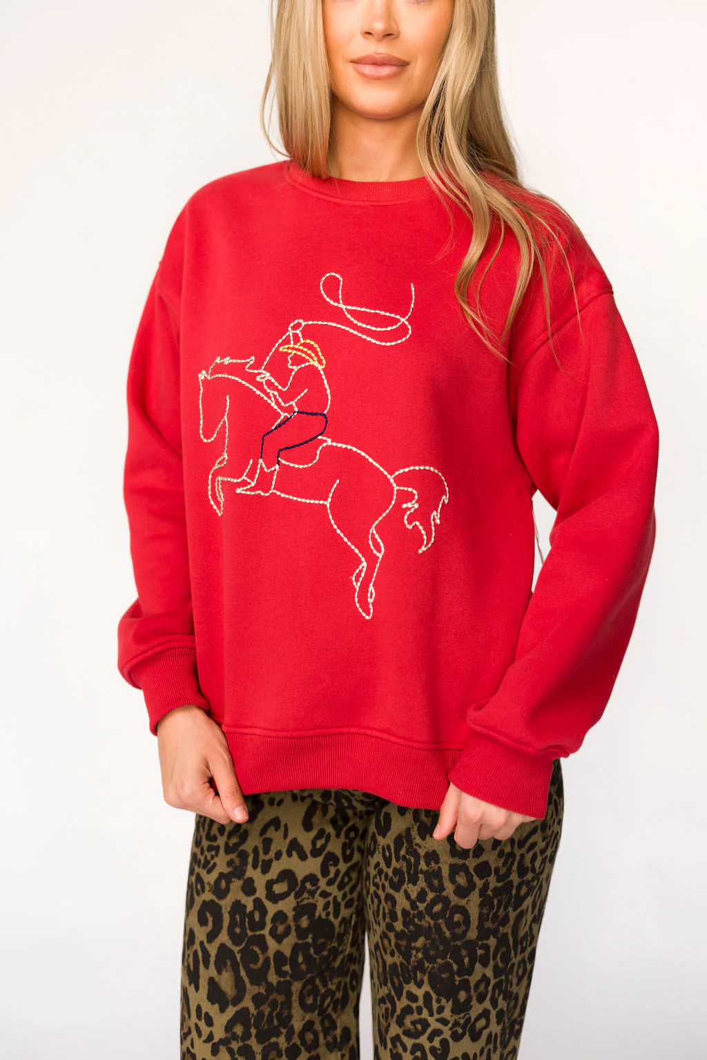 Rodeo Embroidered Pullover in Cherry - Fashionser