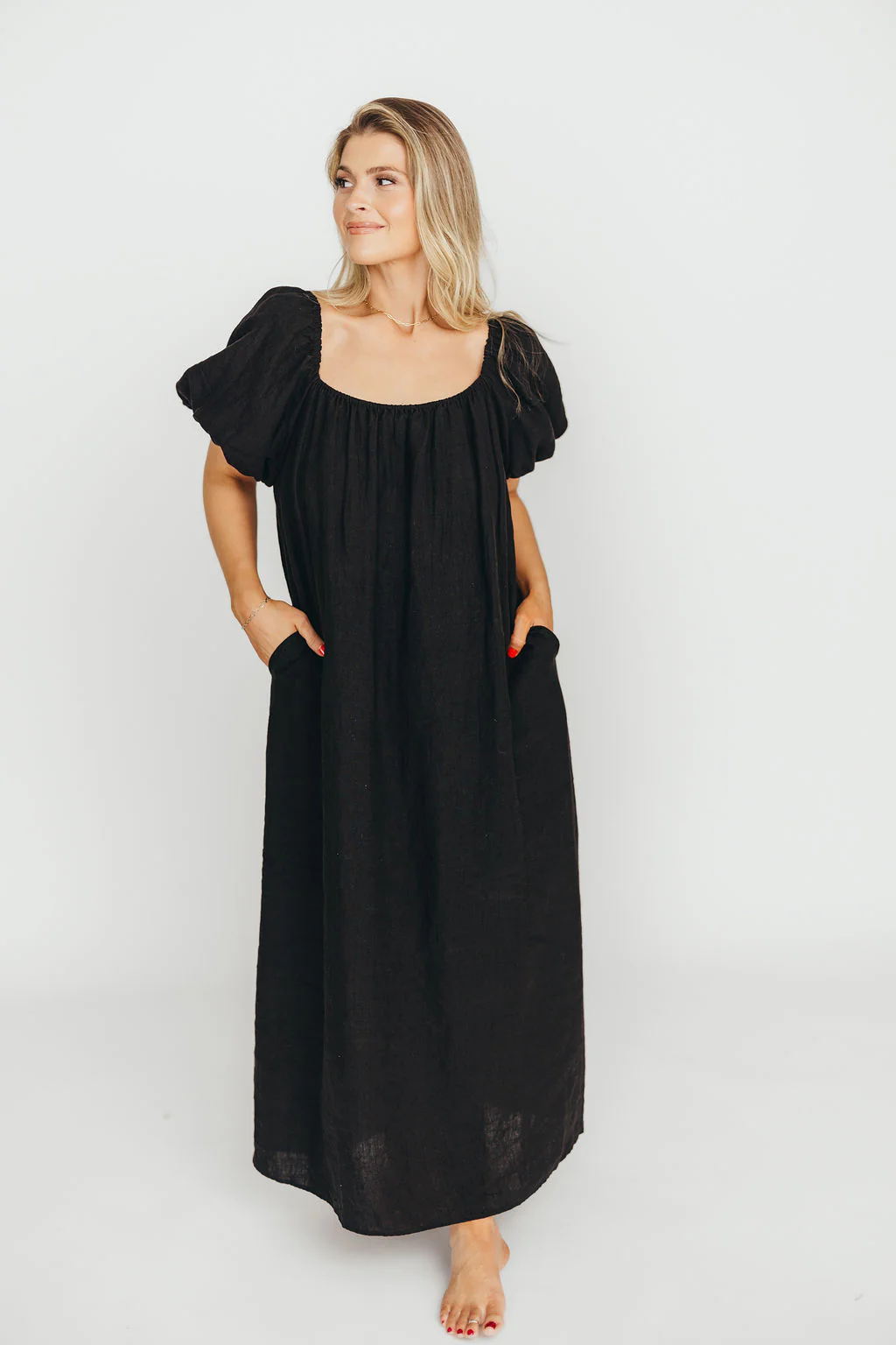 Genoa 100% Linen Maxi Dress in Black - Bump Friendly - Fashionser