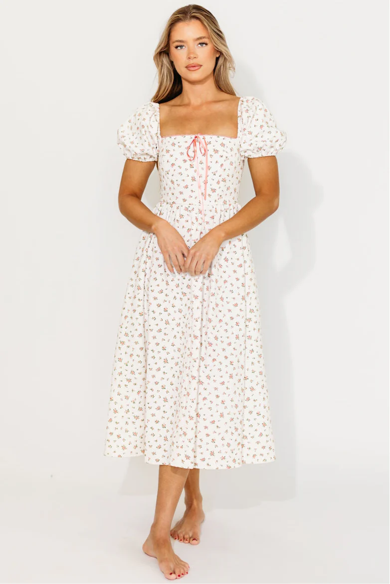 Charlotte Cotton Puff Sleeve Midi Dress in Cream/Pink Floral - Fashionser