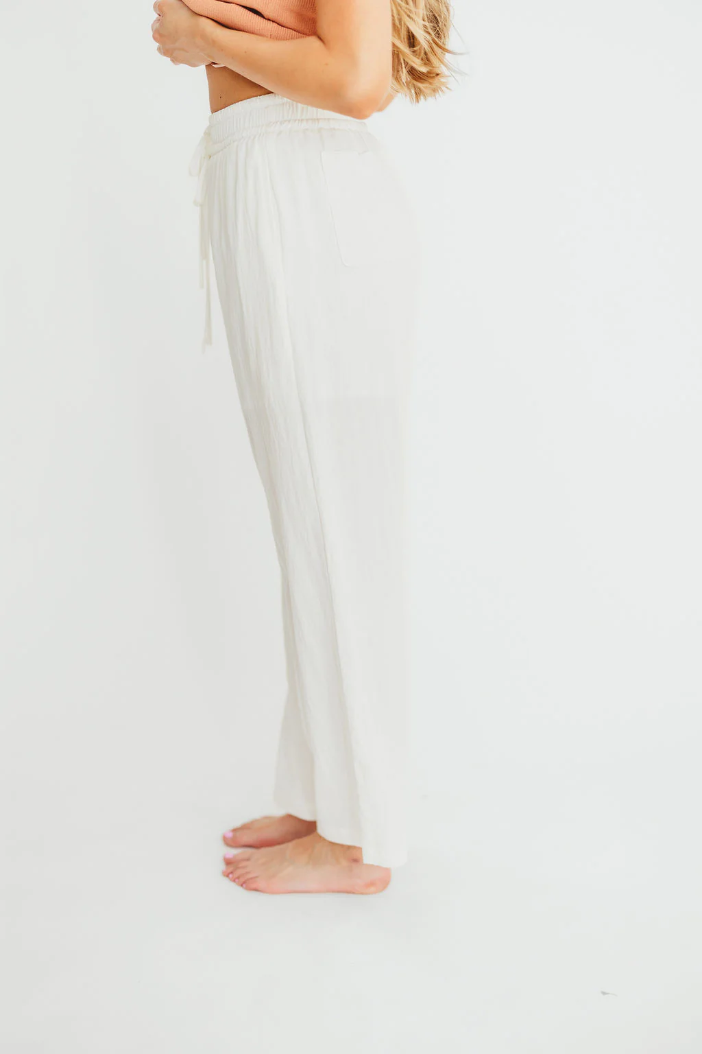 June Double Drawstring Detail Wide Leg Pants in White - Fashionser