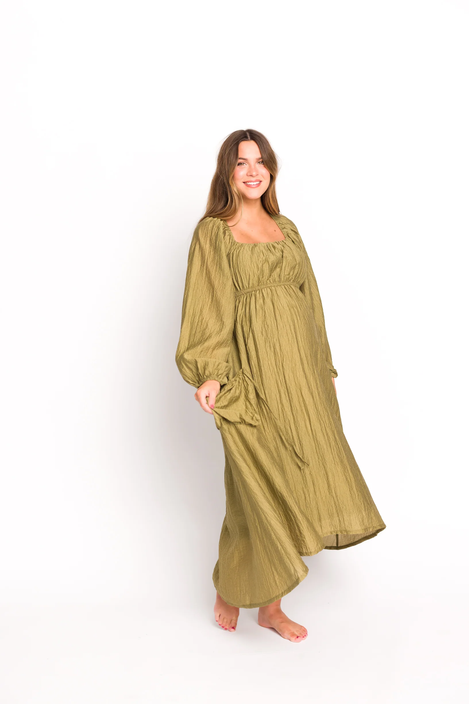 Ariana Long Sleeved Maxi Dress with Slouchy Pocket in Olive - Fashionser