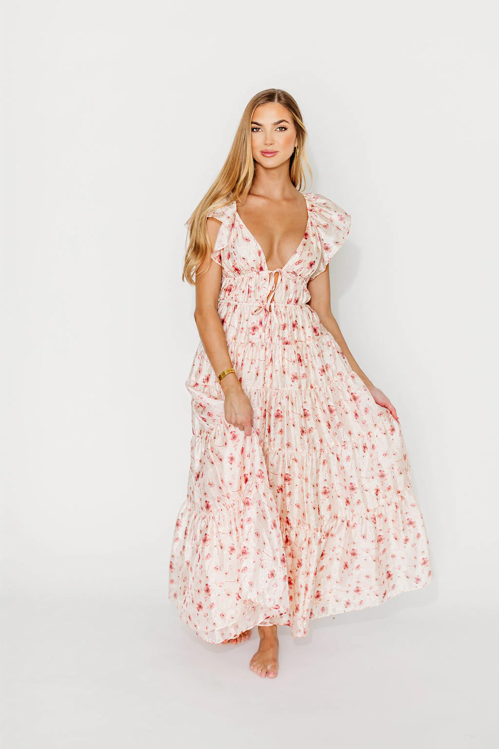 Enchanted Floral & Gingham Ruffled Maxi Dress in Pink Rose - Fashionser