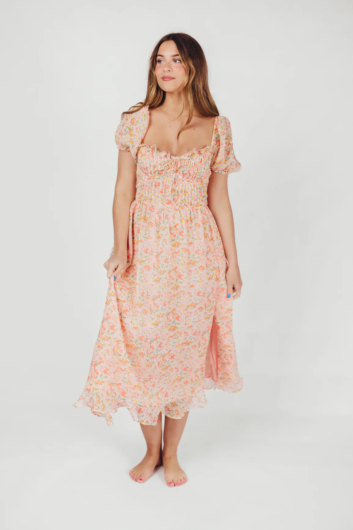 Lunaria Pleated Bustier Midi Dress in Orange Floral - Fashionser