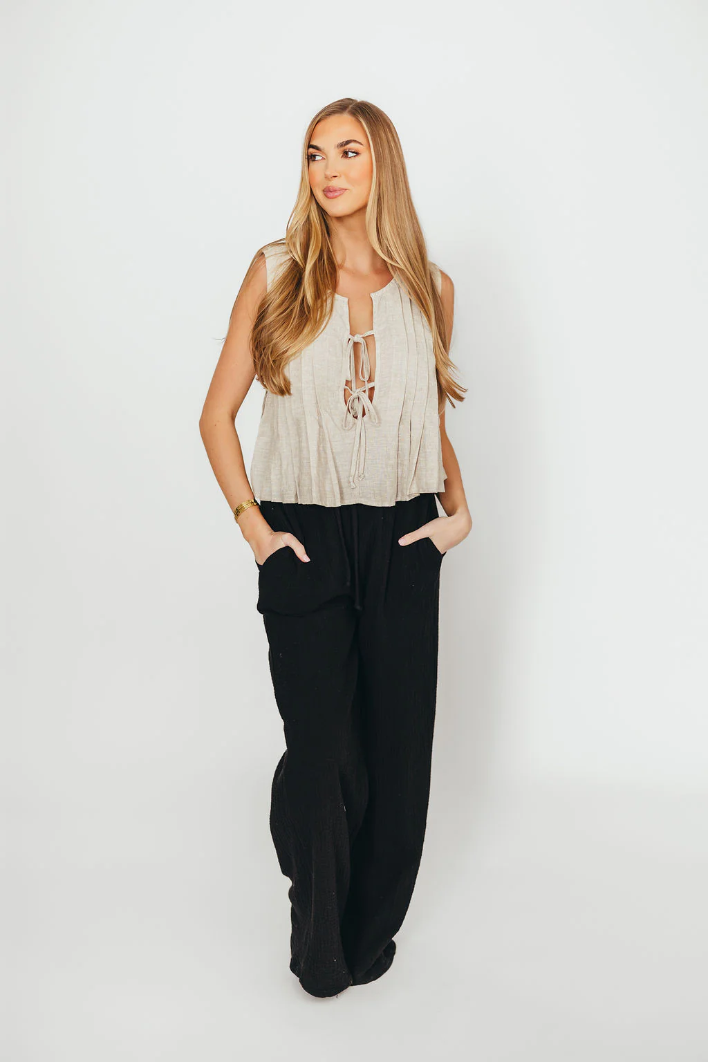 Allexia 100% Linen Bow Tie Tank Woven in Linen - Fashionser