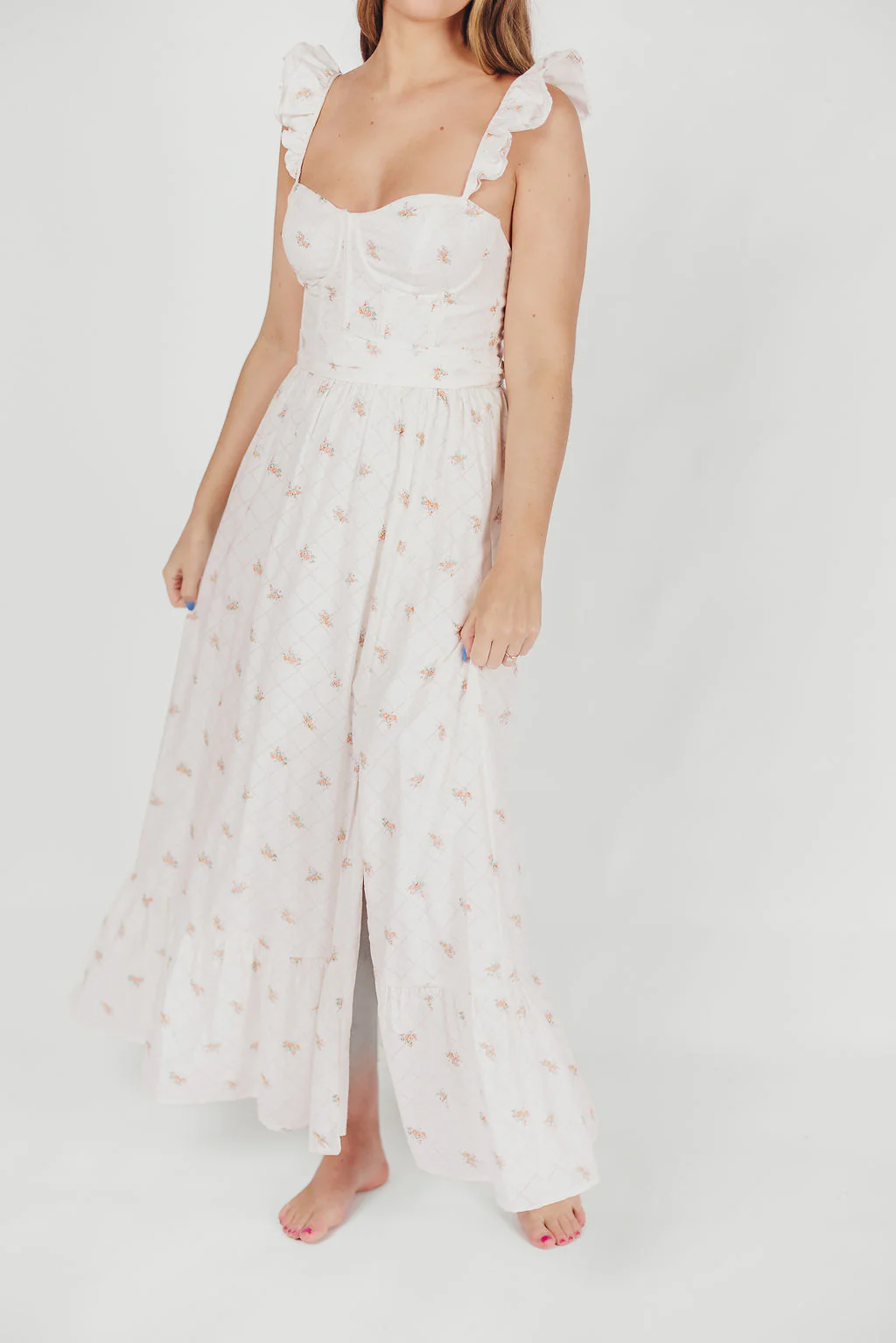 Rosamund Bustier-Style Maxi Dress in White/Orange Floral - Inclusive Sizing (S-XL) - Fashionser