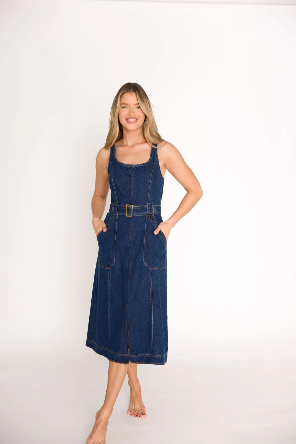 Samantha Belted Midi Dress in Denim - Fashionser