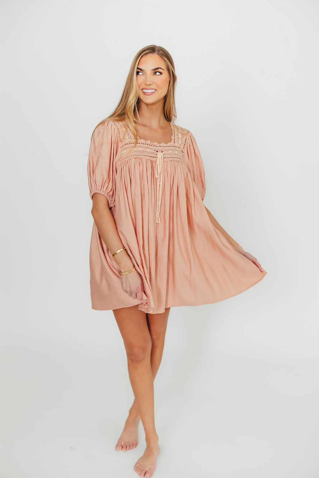 Dottie Lace Trim Linen-Blend Mini Dress in Blush - Fashionser