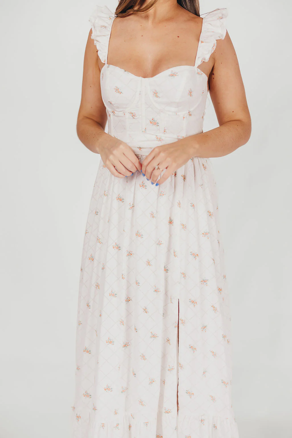 Rosamund Bustier-Style Maxi Dress in White/Orange Floral - Inclusive Sizing (S-XL) - Fashionser