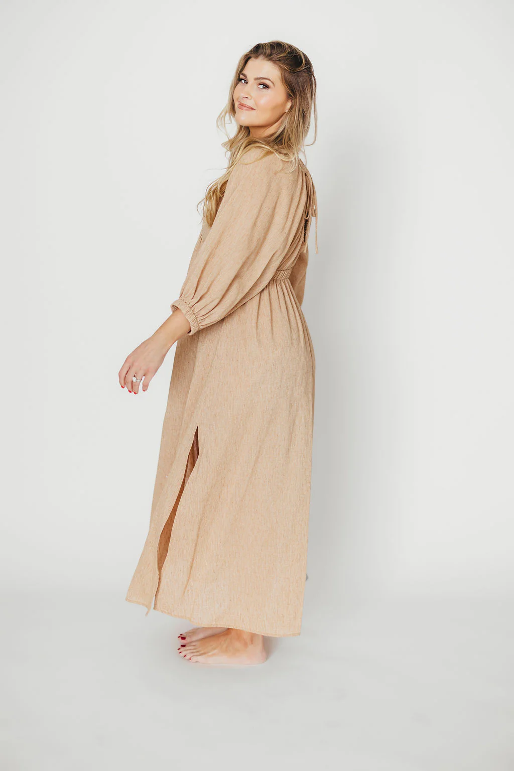 Finn V-Neck Midi Dress in Taupe - Fashionser