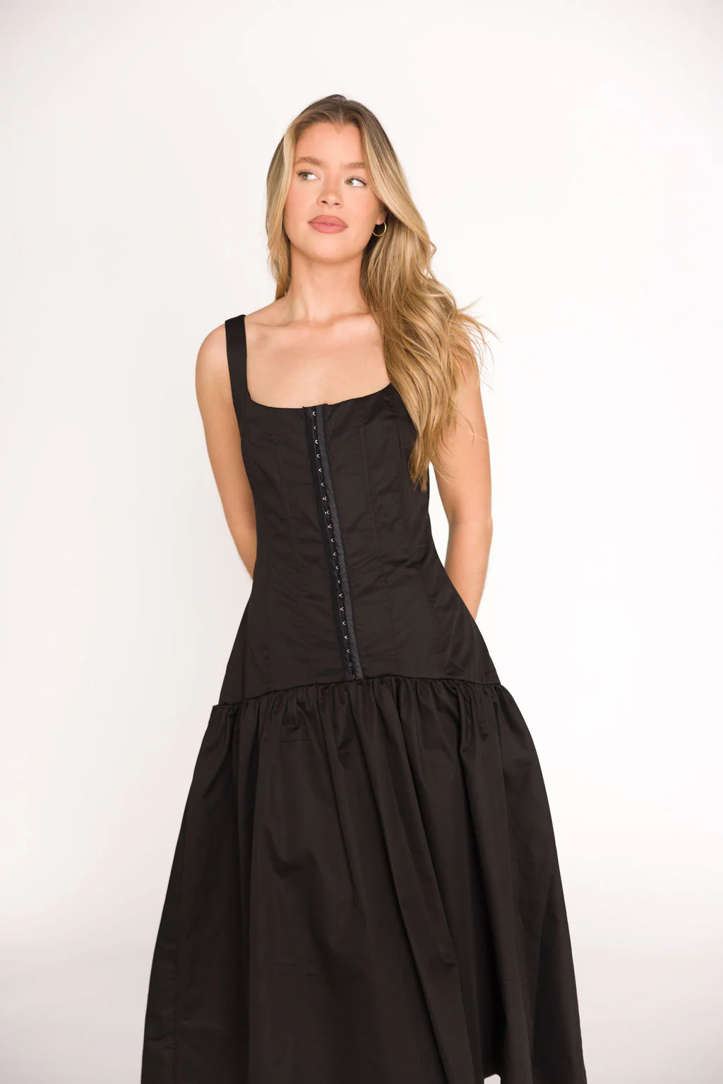 Violet Corset Style Drop Waist Midi Dress in Black - Fashionser