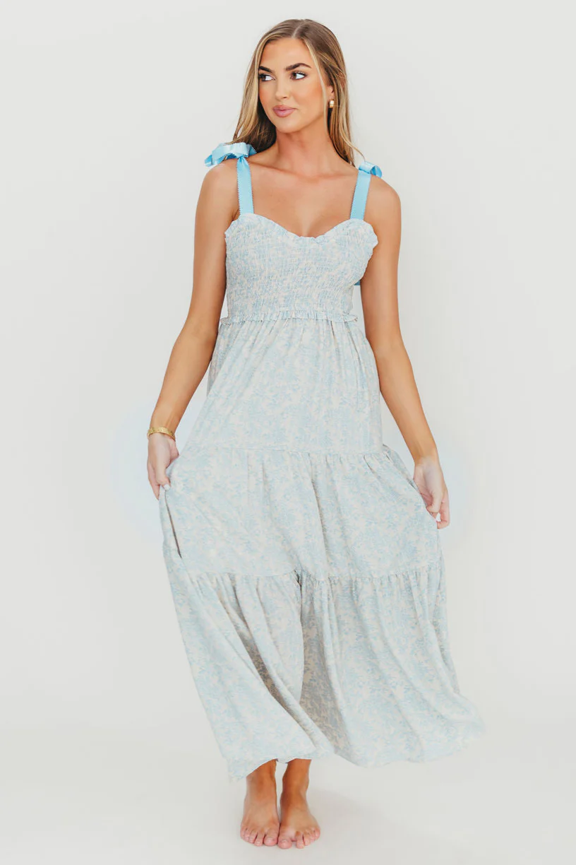 Lottie Tiered Maxi Dress in Blue Floral - Fashionser