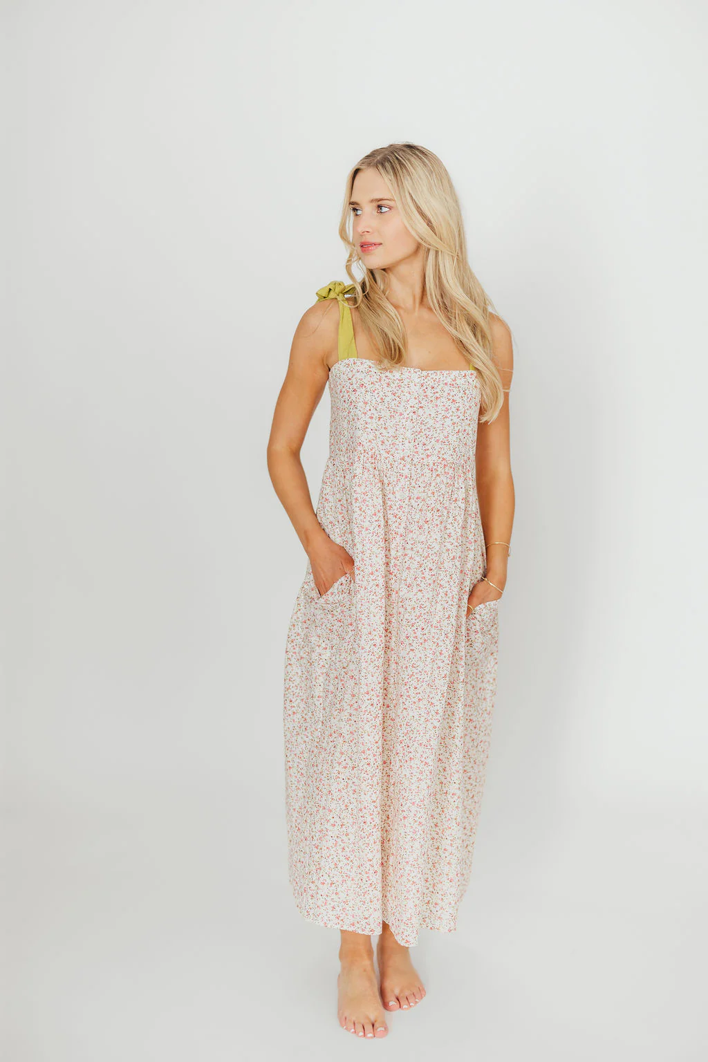 Everest Bow Tie Strap Button Down Midi Dress in Floral Multi - Nursing Friendly (Restocking 4/15) - Fashionser