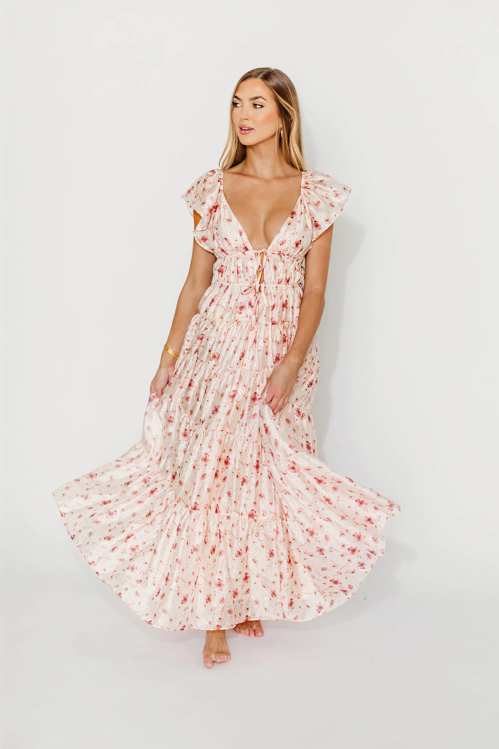Enchanted Floral & Gingham Ruffled Maxi Dress in Pink Rose - Fashionser