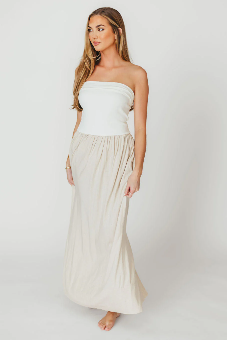 Kaylee Linen and Ribbed Knit Maxi Dress in White/Oatmeal - Fashionser