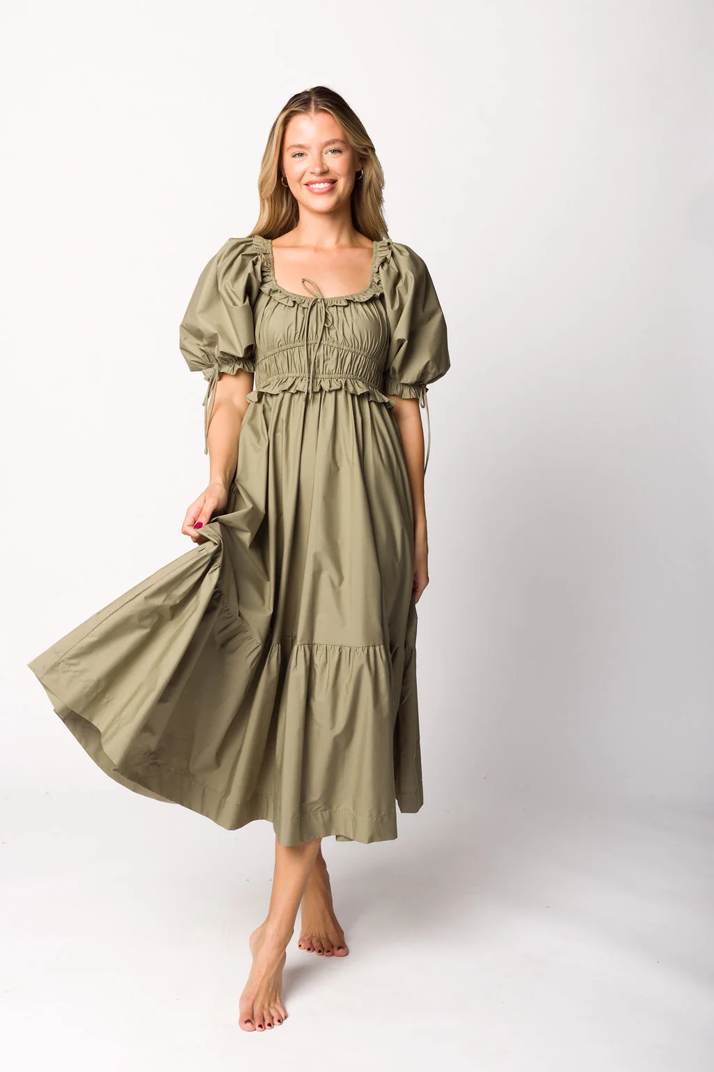 Crissy Ruched Midi Dress in Dusty Olive - Bump Friendly - Fashionser