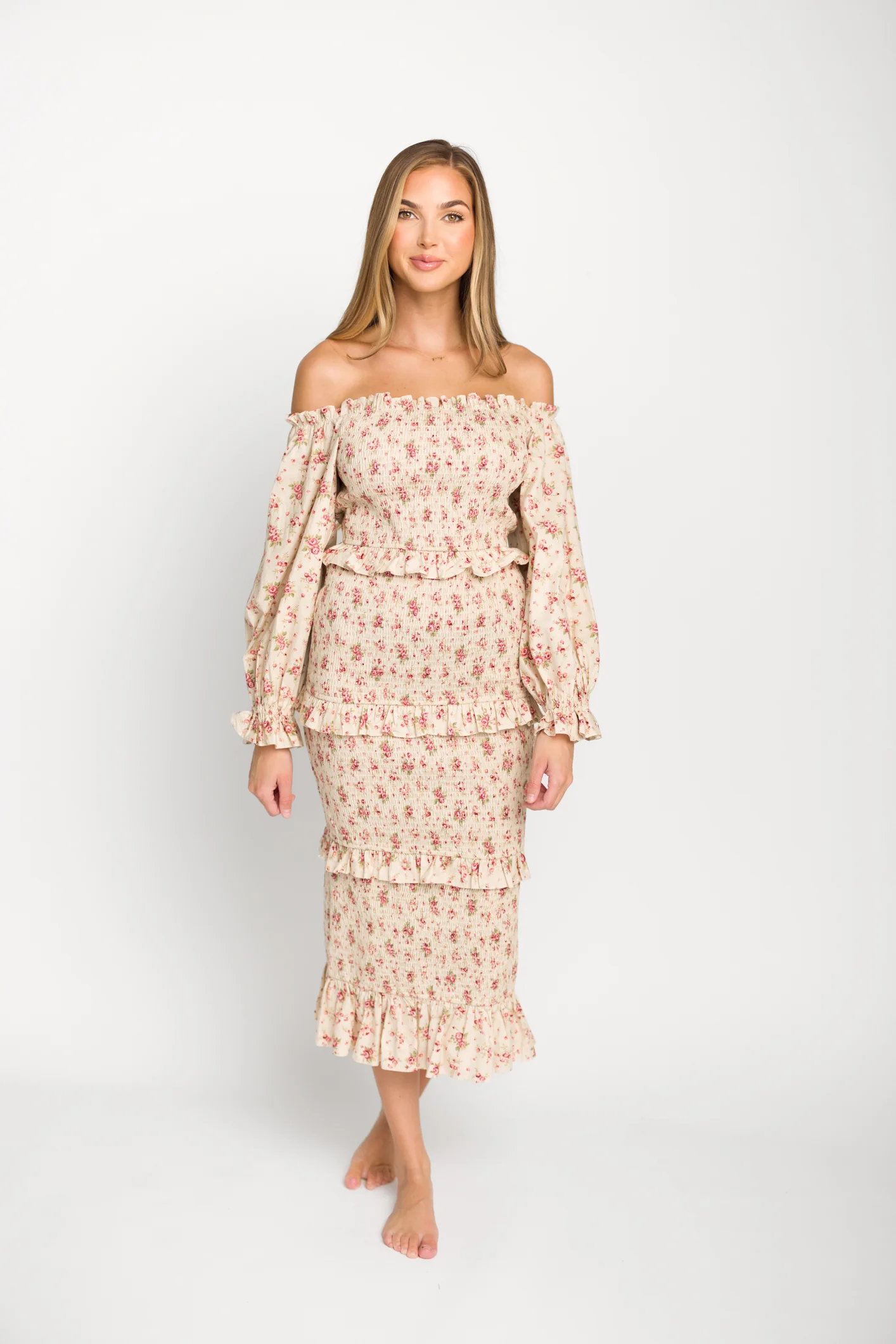 Lila Floral Printed Smocked Midi Dress in Pink - Bump Friendly - Fashionser