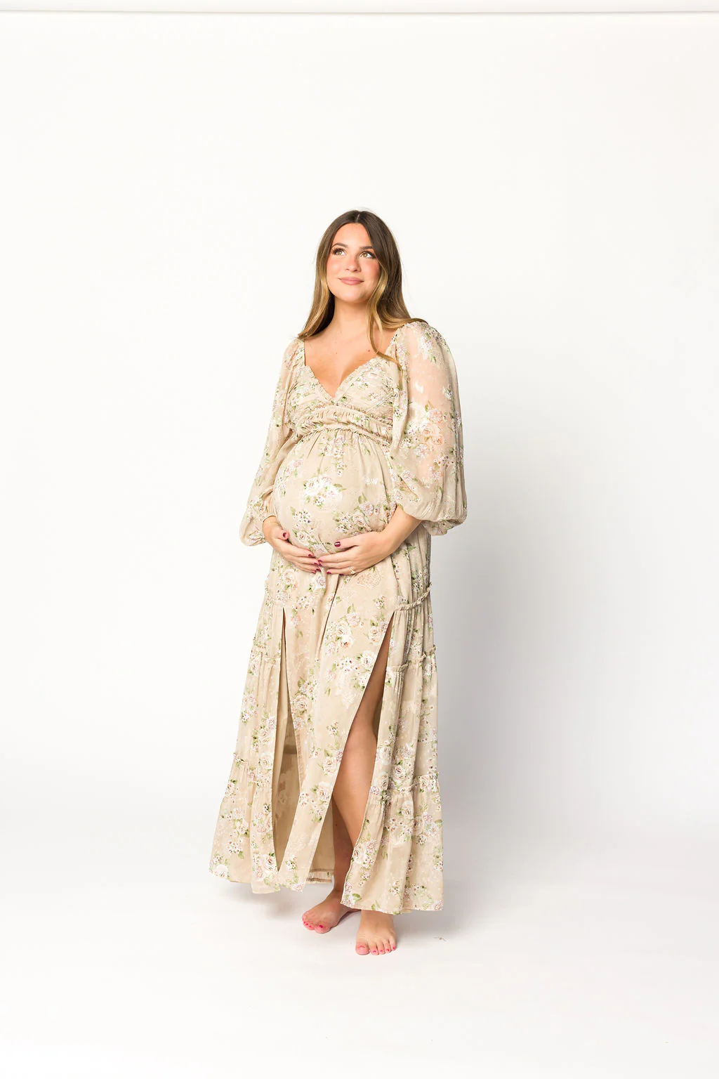 Daphne Long Sleeve Maxi Dress in Beige Multi Floral - Bump Friendly & Inclusive Sizing (XS-3XL) - Fashionser