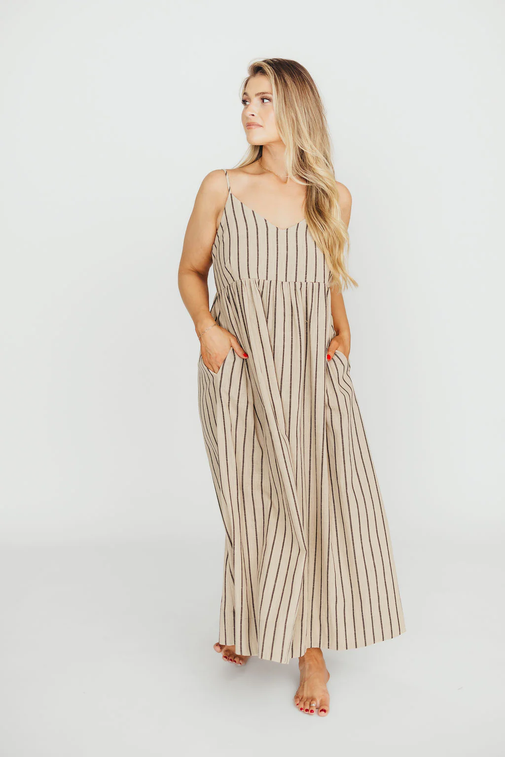 Carley Cotton & Linen Maxi Dress in Beige/Charcoal Stripe - Fashionser