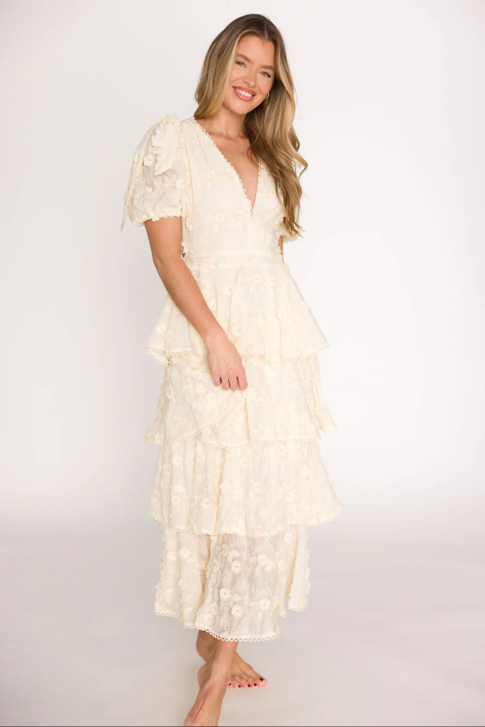 Arianell Embroidered Midi Dress in Cream - Fashionser