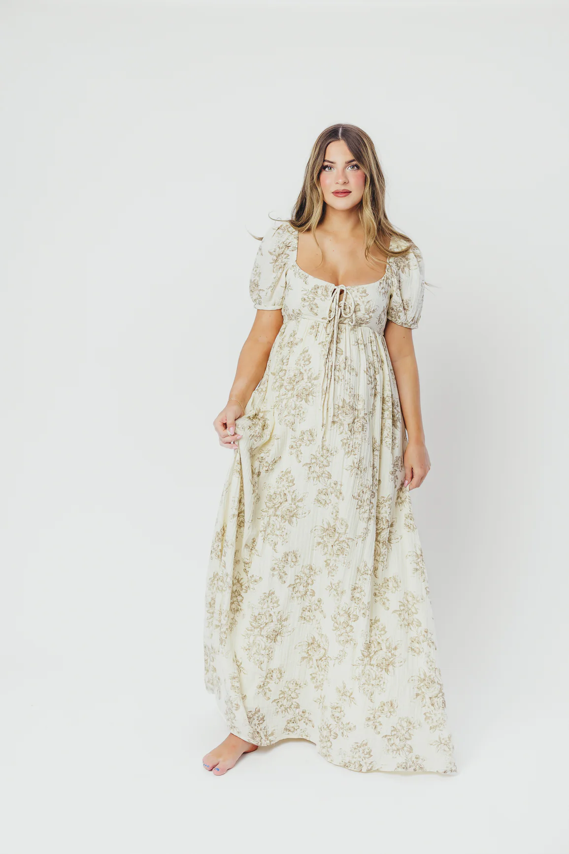 Haven 100% Cotton Tie-Front Maxi Dress in Taupe/Brown Floral - Bump Friendly - Restocking in April - Fashionser