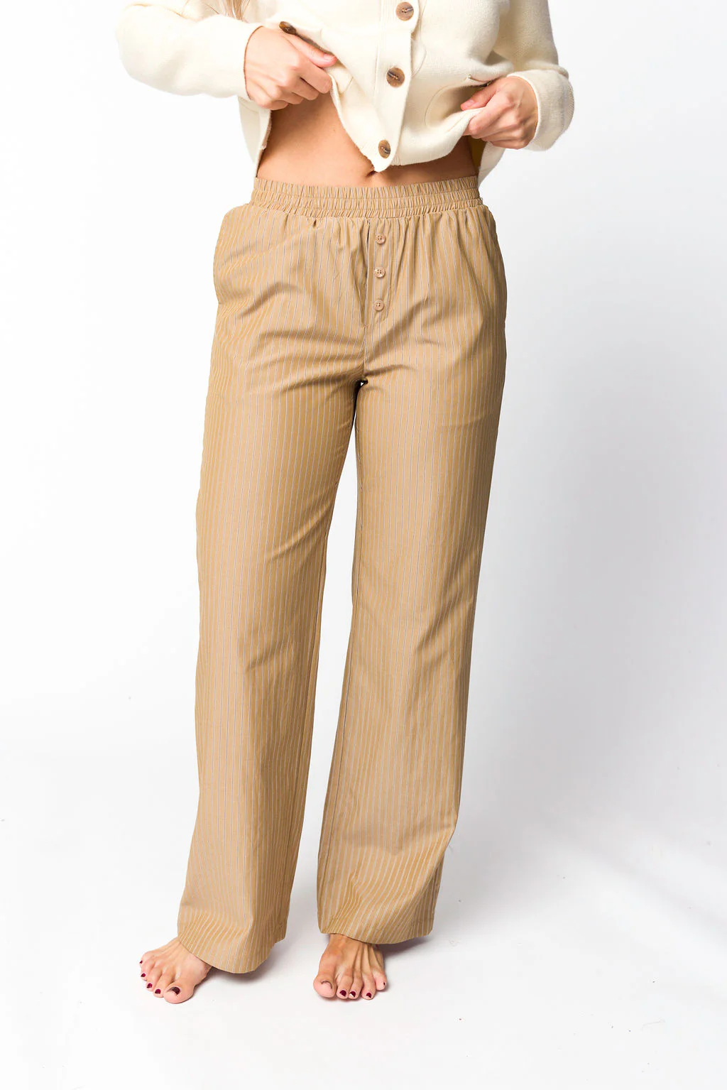 Michelle Striped Pajama Style Pants in Camel - Fashionser