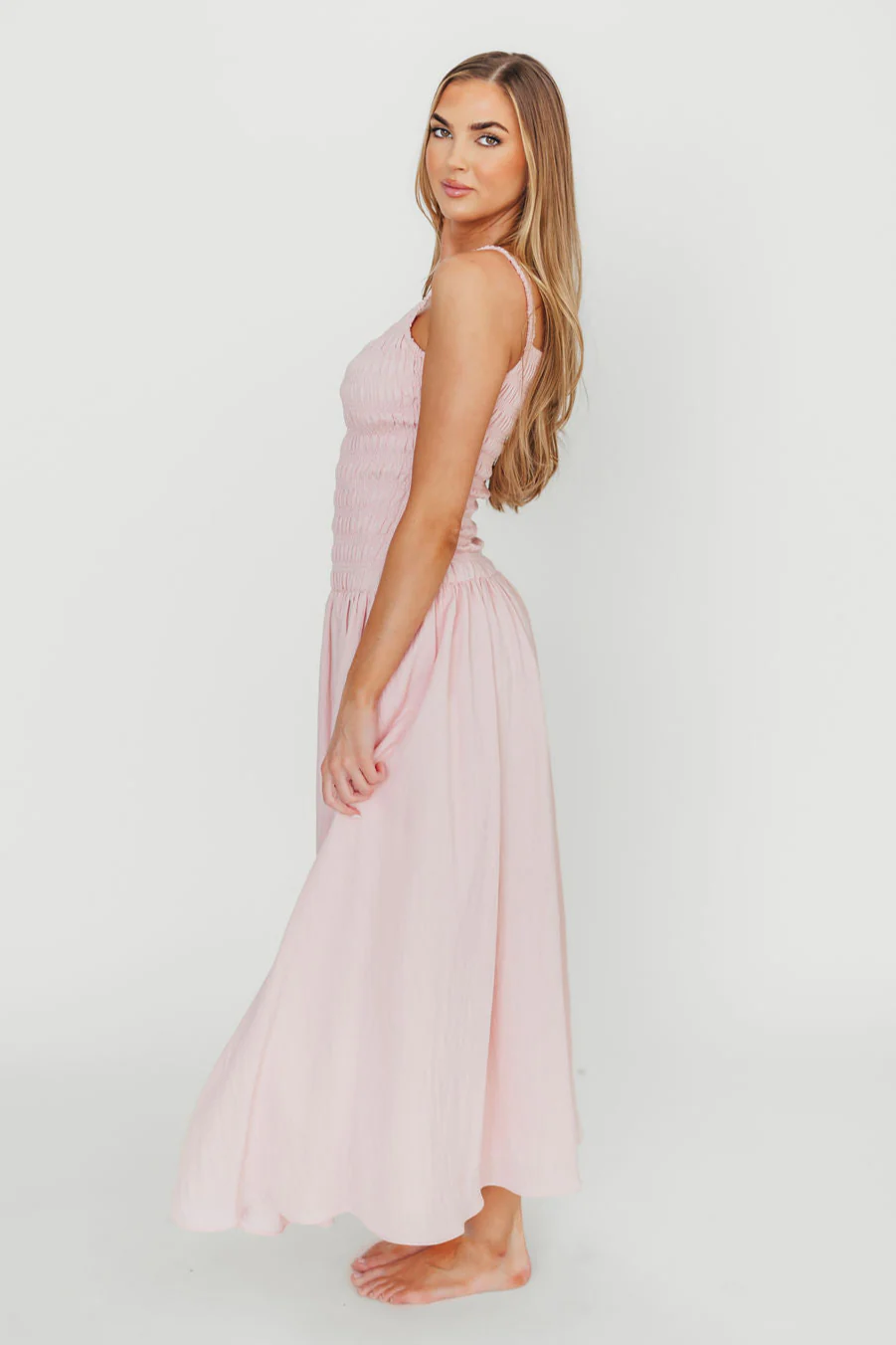 Kira Smocked Maxi Dress in Pink - Fashionser