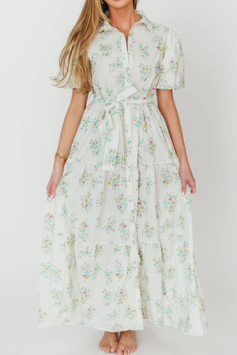 Josephine 100% Cotton Tie Waist Maxi Dress in White/Multi Floral - Nursing Friendly - Fashionser