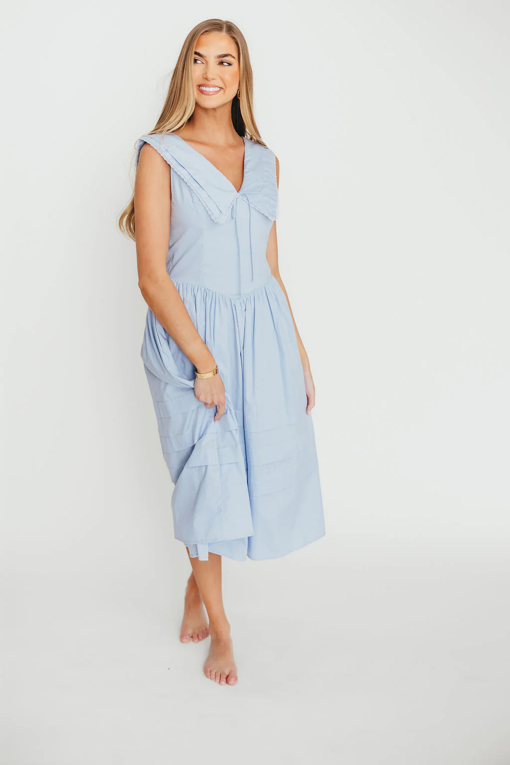 Sailor 100% Cotton Collared Midi Dress in Blue - Fashionser