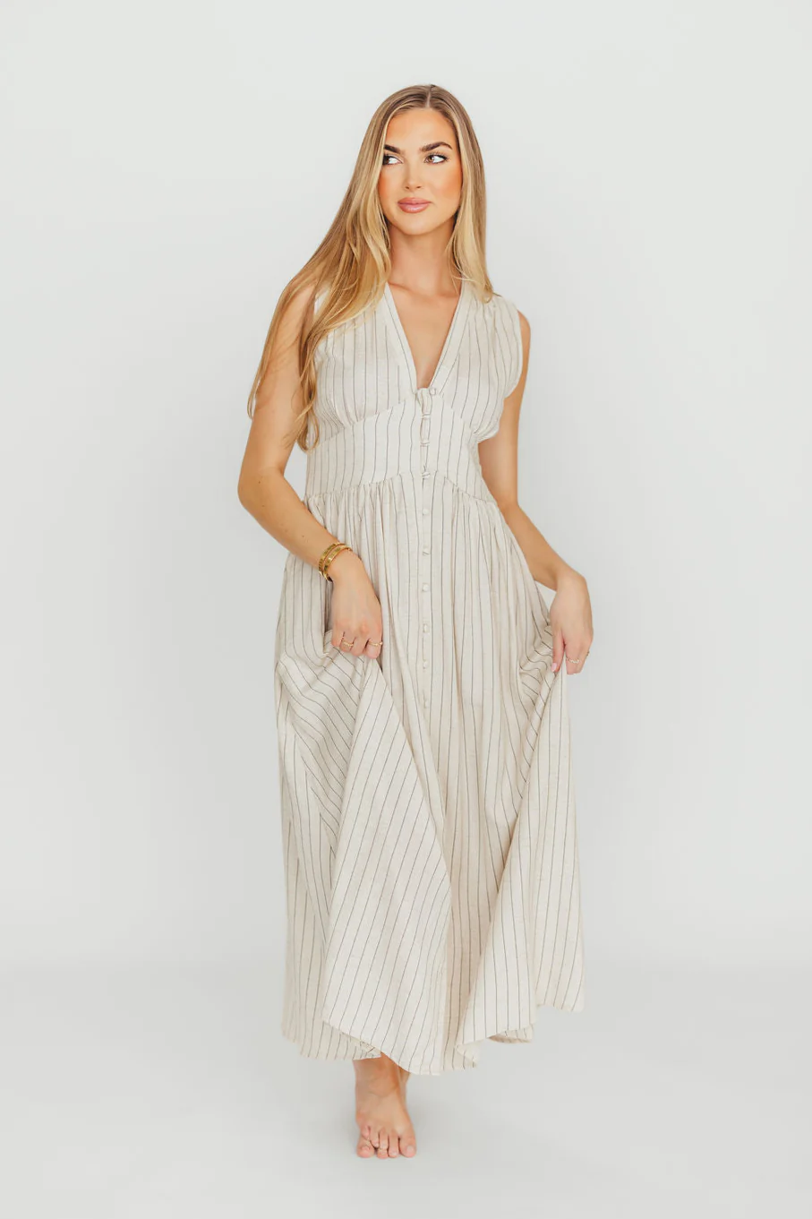 Pippy Button Down Maxi Dress in Natural/Black - Nursing Friendly - Fashionser