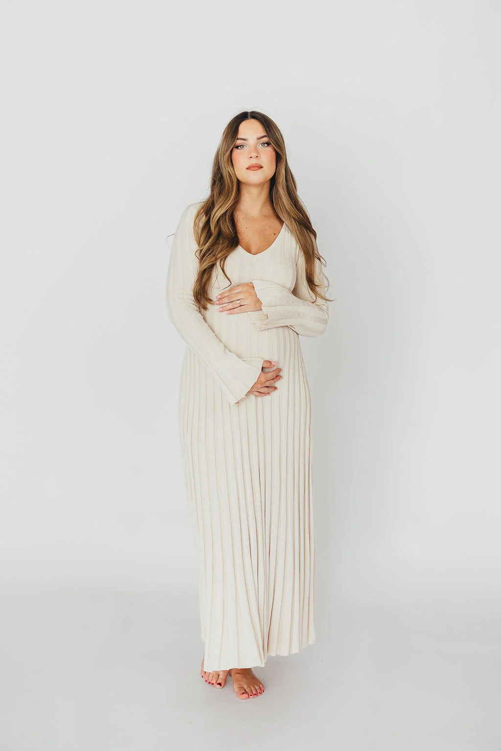 Hadley Long Sleeve V-Neck Knit Maxi Dress in Cream Taupe - Fashionser
