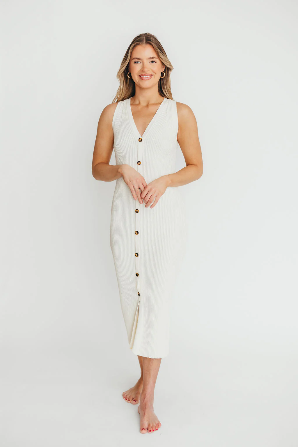 Lelani Button Down Ribbed Knit Midi Dress in White - Nursing Friendly - Fashionser