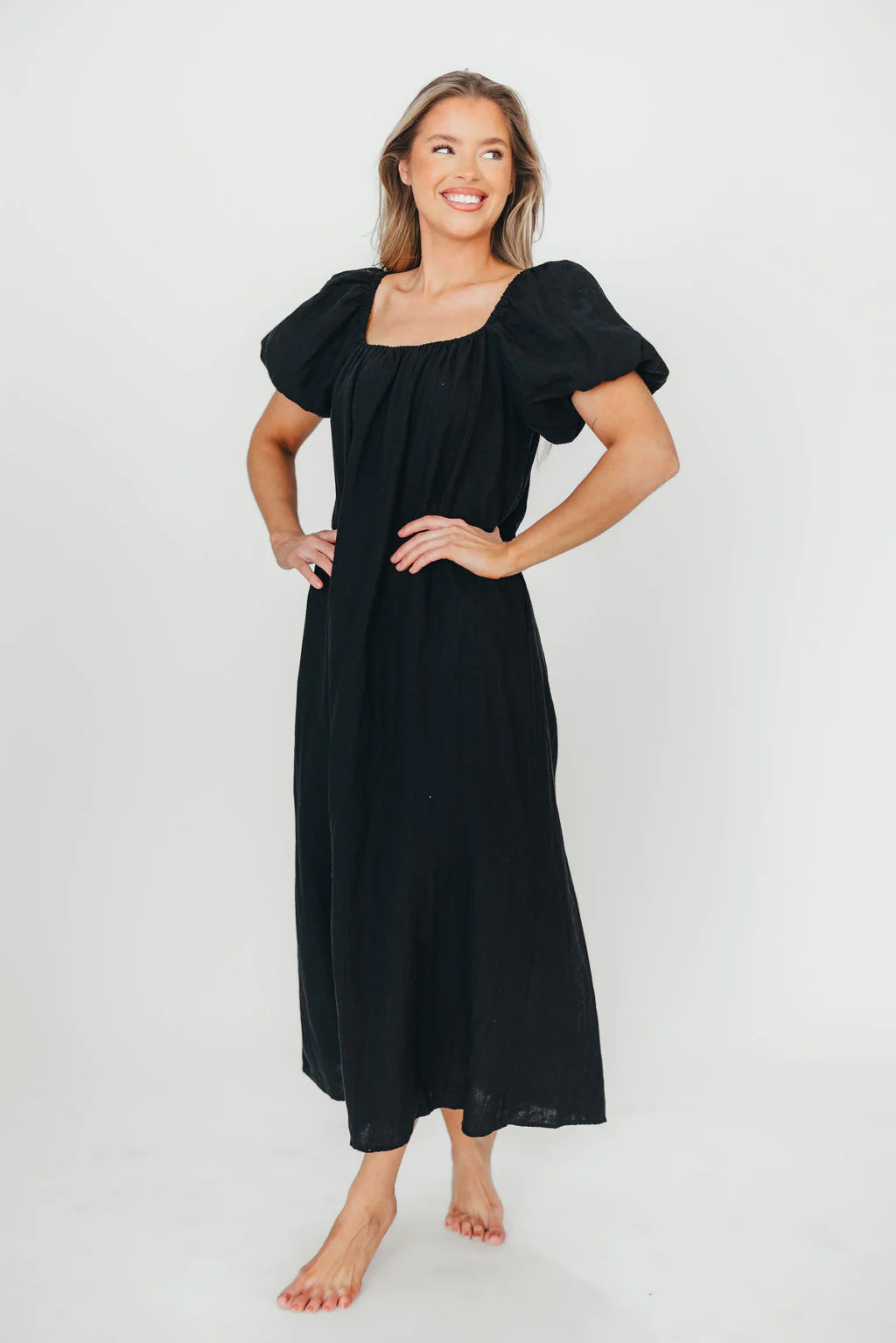 Genoa 100% Linen Maxi Dress in Black - Bump Friendly - Fashionser