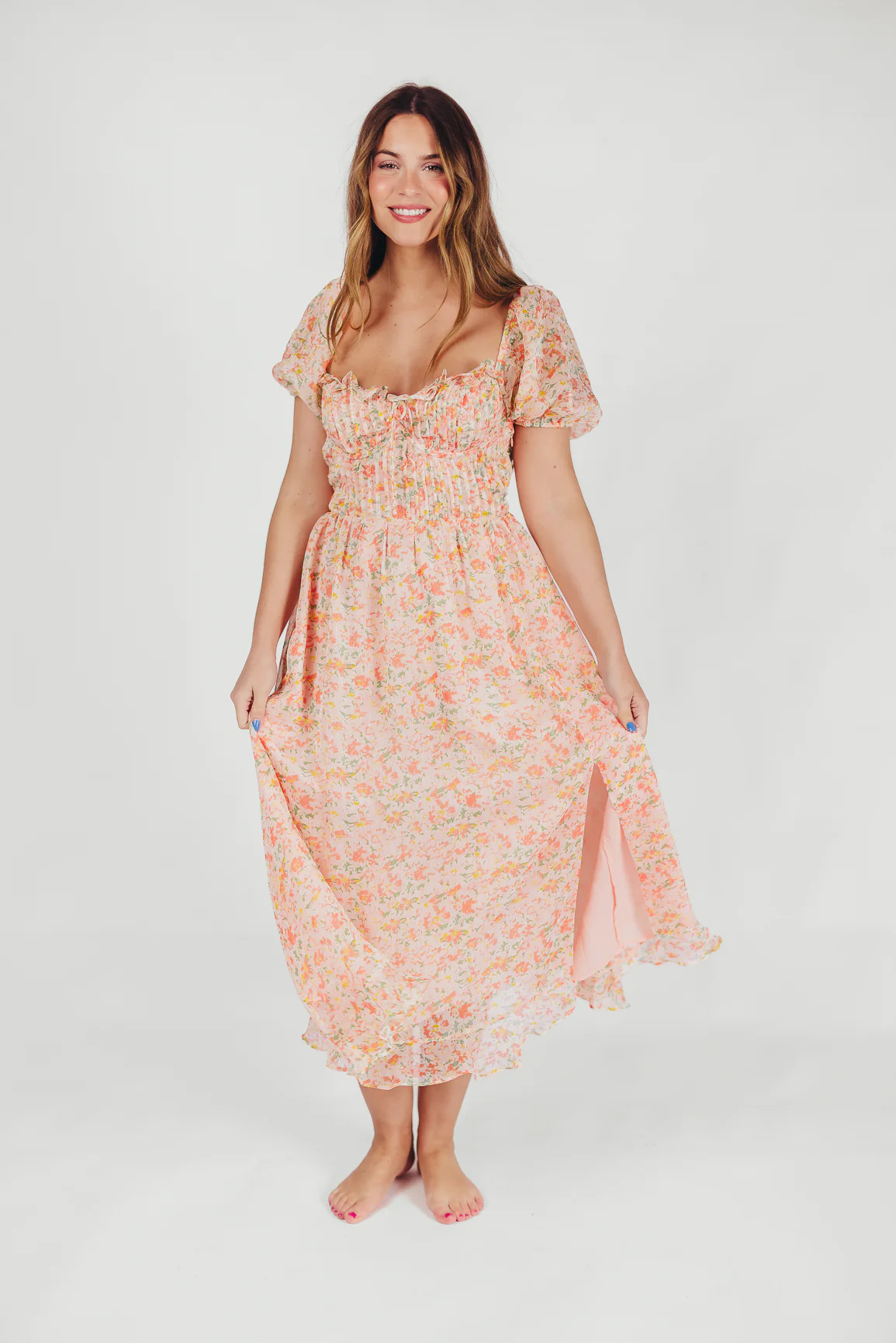 Lunaria Pleated Bustier Midi Dress in Orange Floral - Fashionser