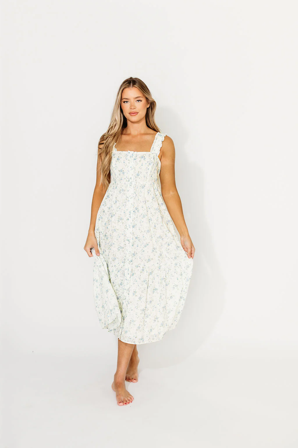 Diana Button-Down Midi Dress in White/Blue Floral - Nursing Friendly - Fashionser