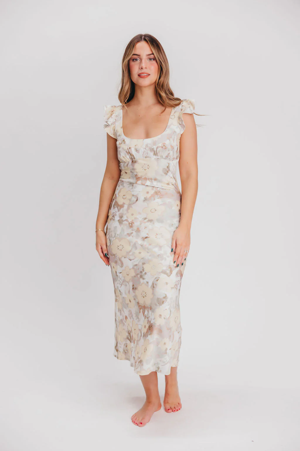 Pisa Floral Chiffon Midi Dress with Ruffle Shoulder in Champagne - Fashionser