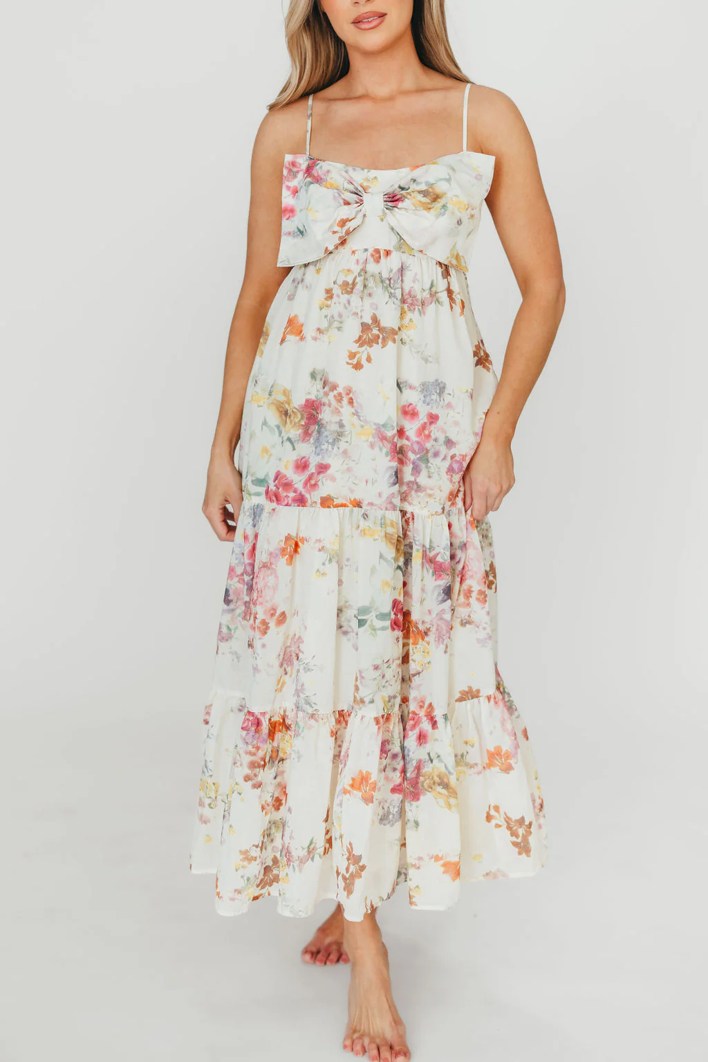 Cecile Bow Front Maxi Dress in Cream/Multi Floral - Fashionser