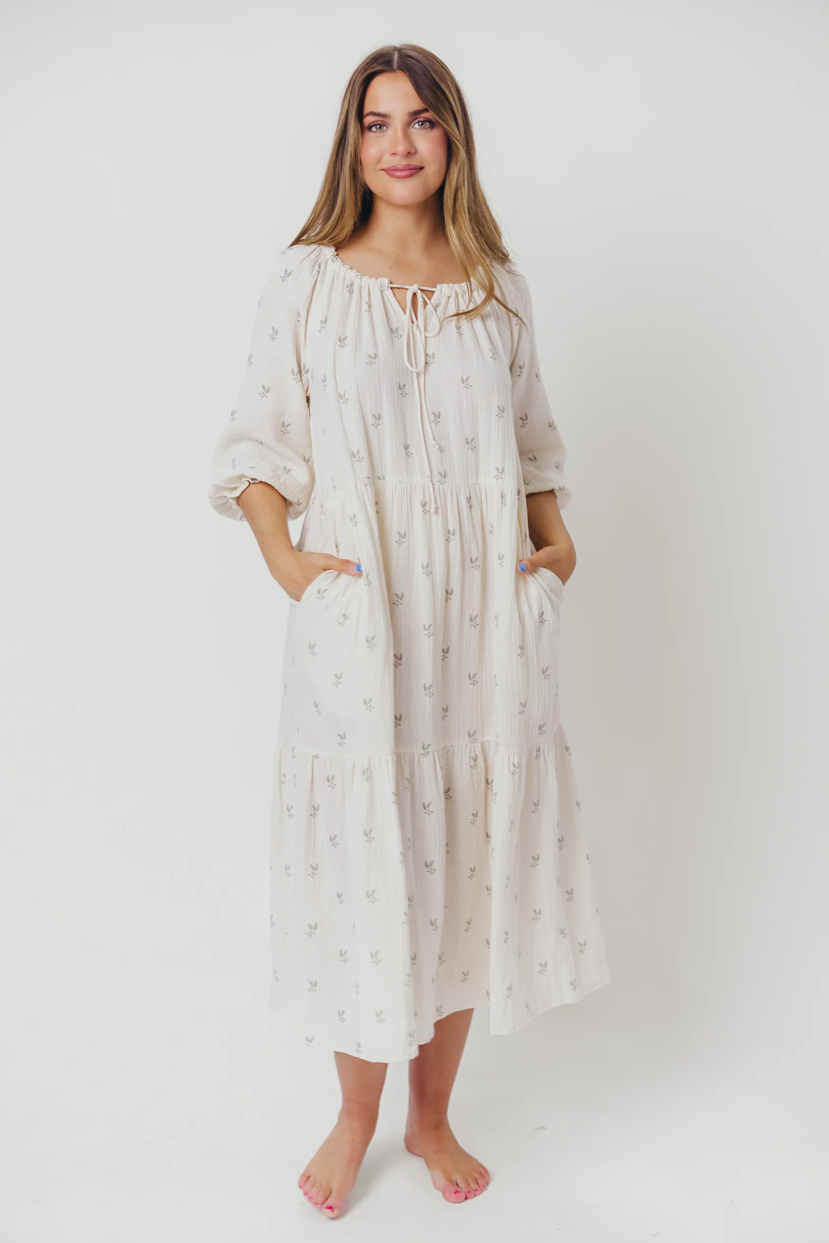 Avery Tiered Linen-Blend Midi Dress in Soy/Sage Foliage - Bump Friendly and Inclusive Sizing - Fashionser