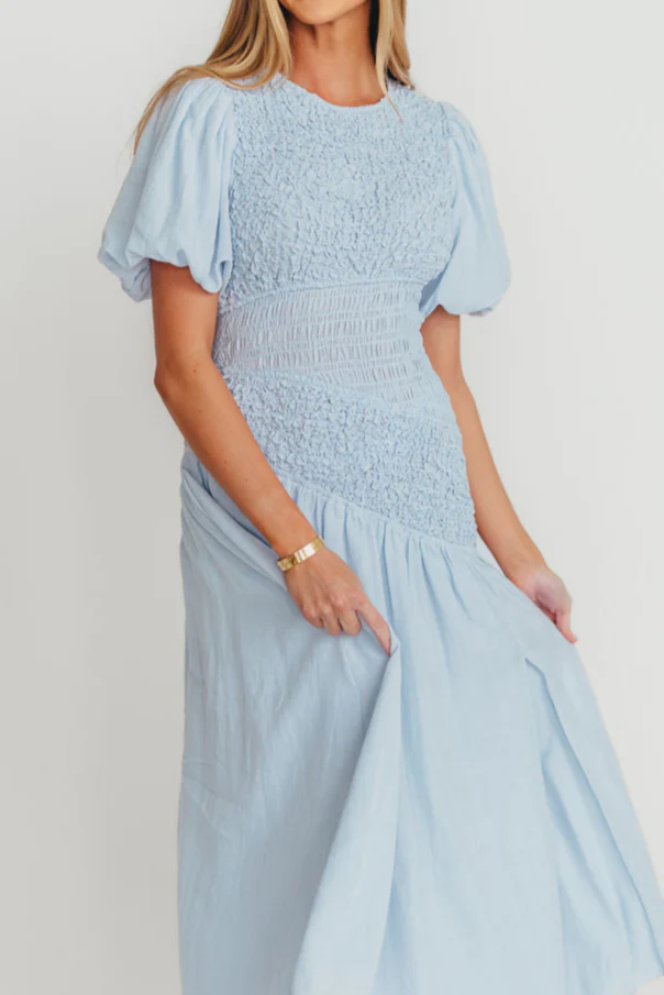 Theoni Asymmetrical Smocked Dress in Blue - Fashionser