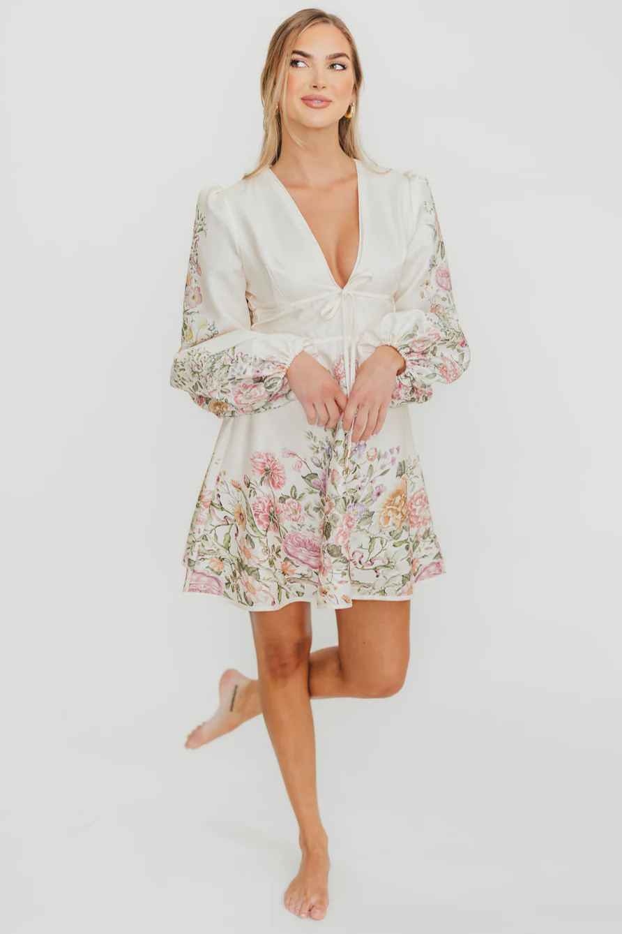Luciana Long Sleeve Mini Dress in Cream Floral - Fashionser