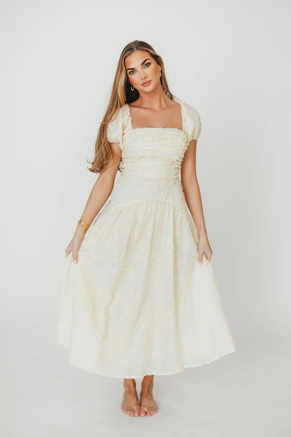 Gracie Embellished Midi Dress in Butter - Fashionser