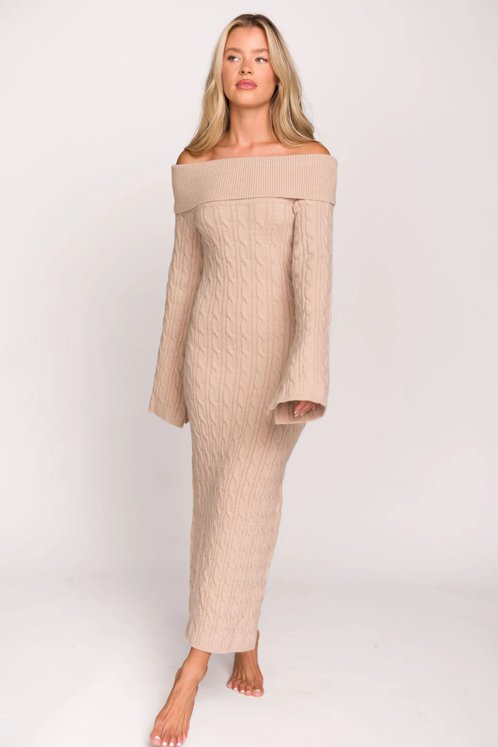 Carley Off-the-Shoulder Cable Knit Maxi Dress in Oatmeal - Fashionser