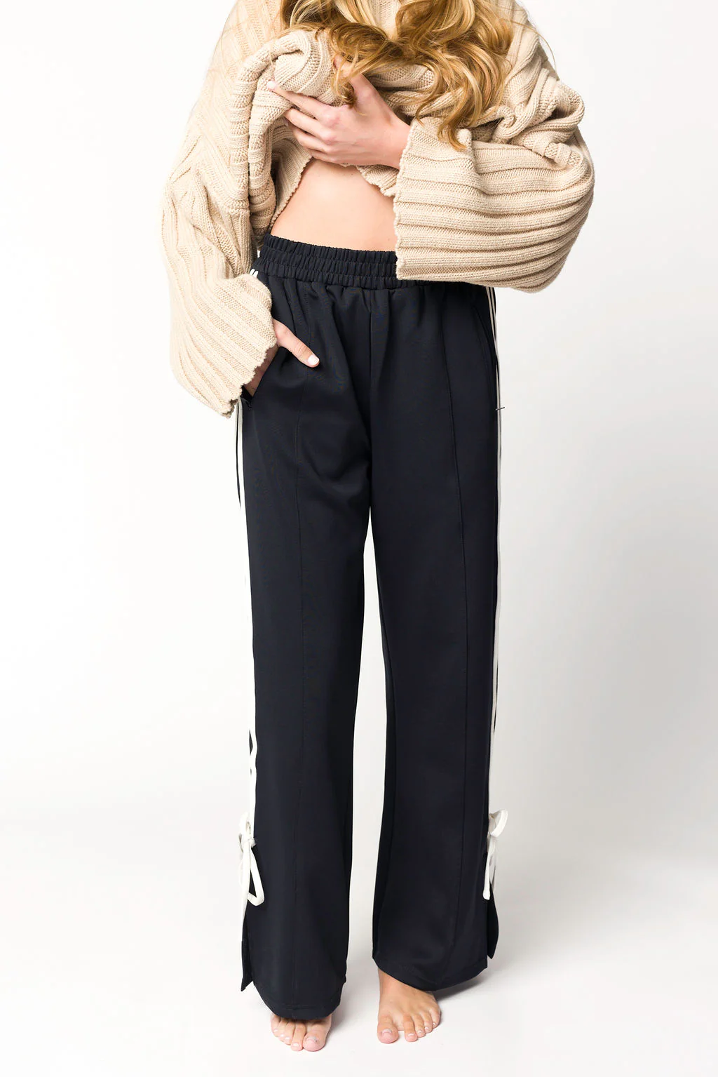 Murphy Track Pants with Bow Detail in Dark Navy/White - Fashionser