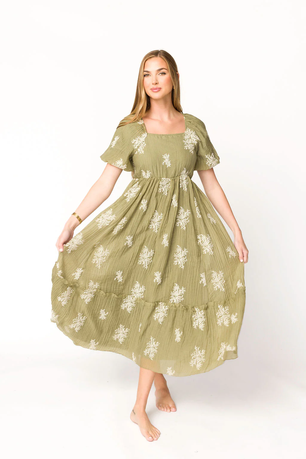 Hallie Embroidered Maxi Dress in Olive - Bump Friendly & Inclusive Sizing (S-3XL) - Fashionser